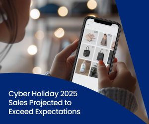 Person browsing an online store on a smartphone during the holiday season, representing strong Cyber Holiday 2025 sales growth