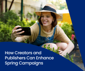 A creator crouches in a garden and takes a photo with her phone of the plants for a spring content campaign